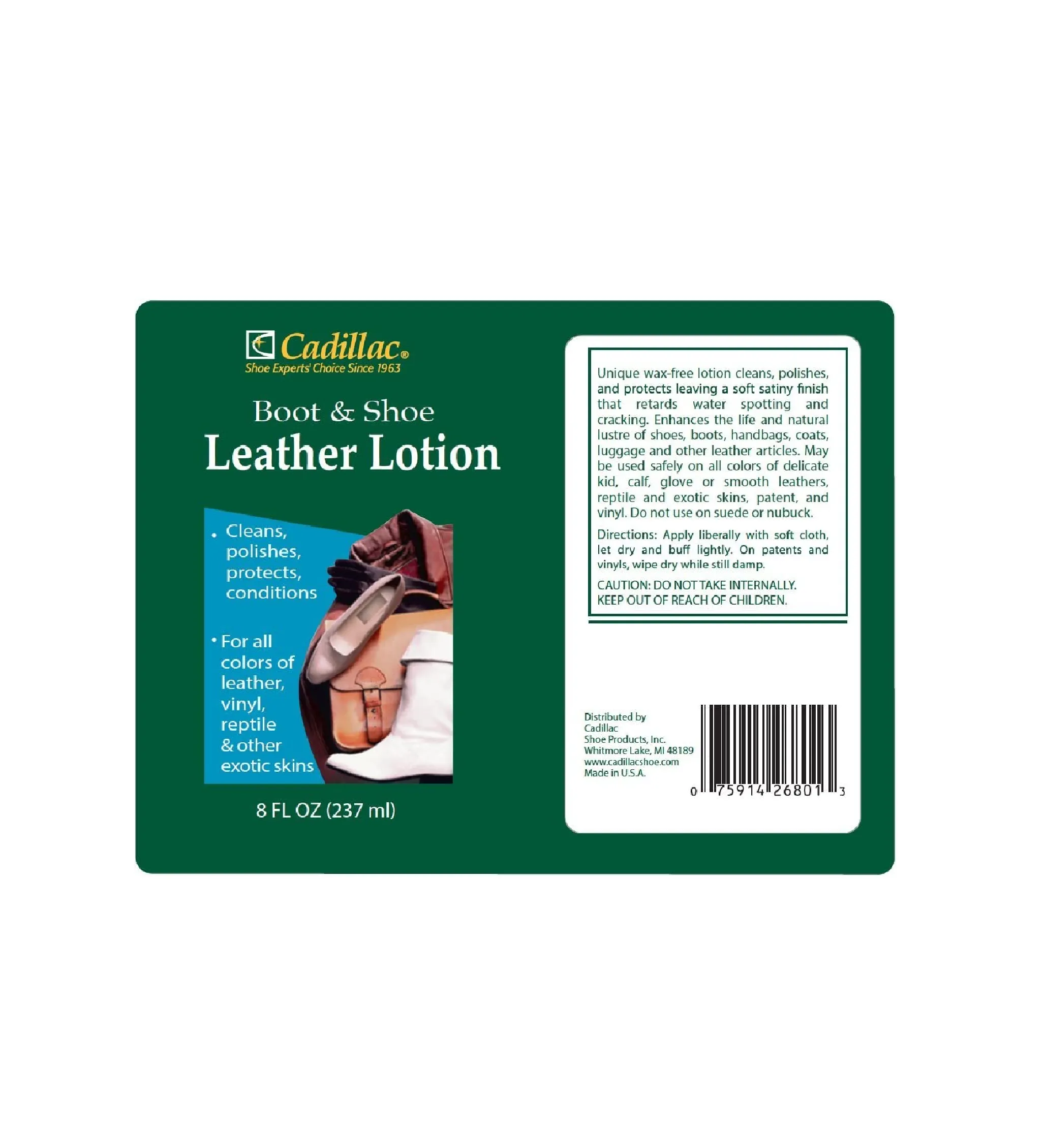 Cadillac Boot and Shoe Leather Lotion 8 Ounces - Cleans, Conditions, Protects, and Polishes Leather Footwear and Accessories