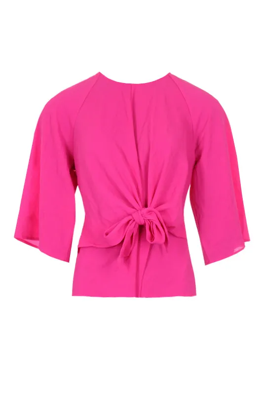 Cerise Flared Sleeve Tie Waist Detail Top