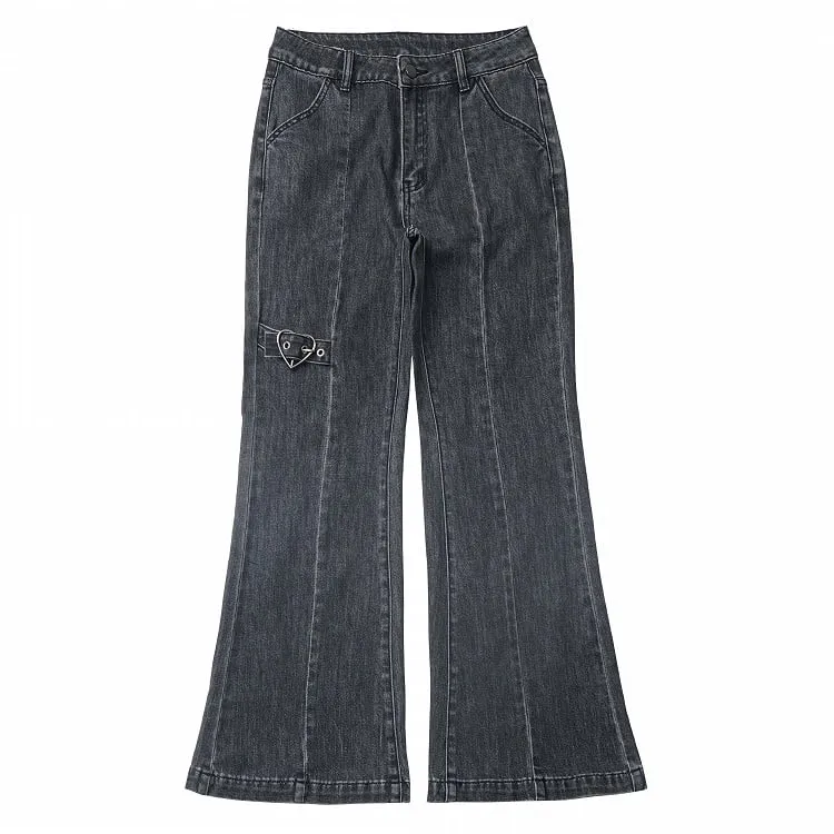 Detail Faded Wash Distressed Gray Flared Jeans Heart Buckle