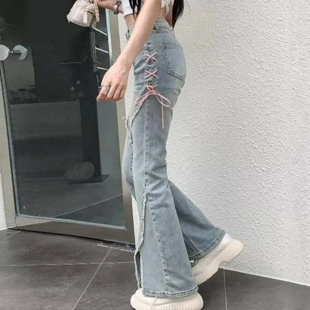 Flared koreanische Jeans mit Schleifen und Patchwork für Baddies