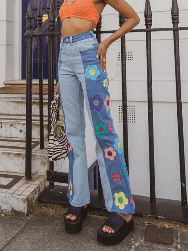Floral Patchwork Flared Jeans