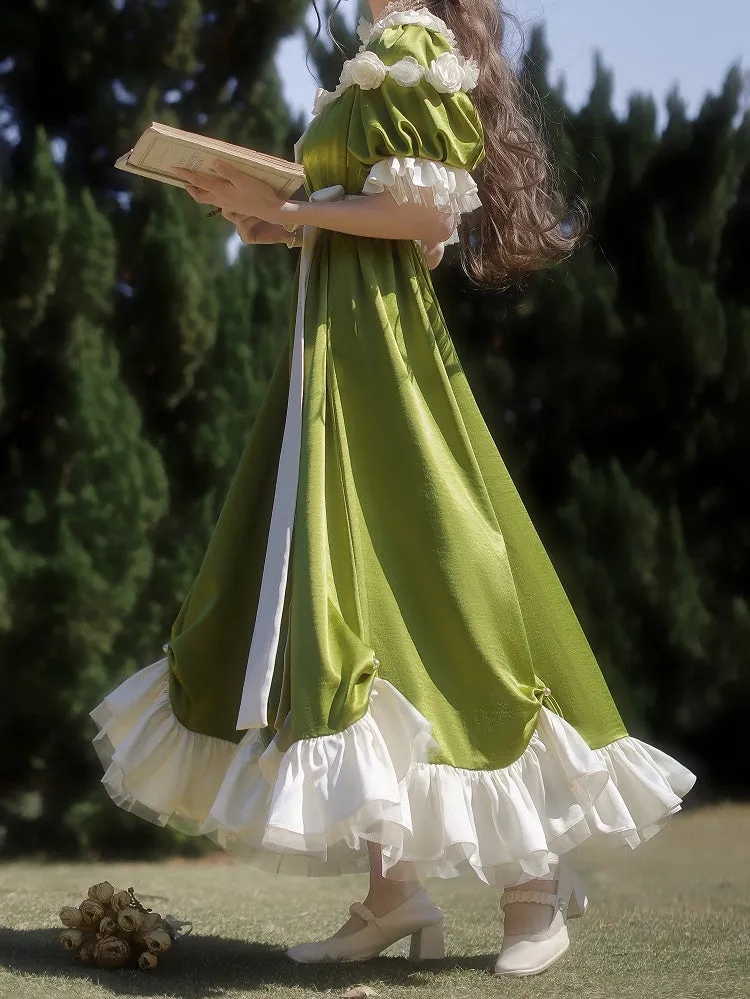 Green Empire Waist Maxi Dress Bead Details Elegant Lolita