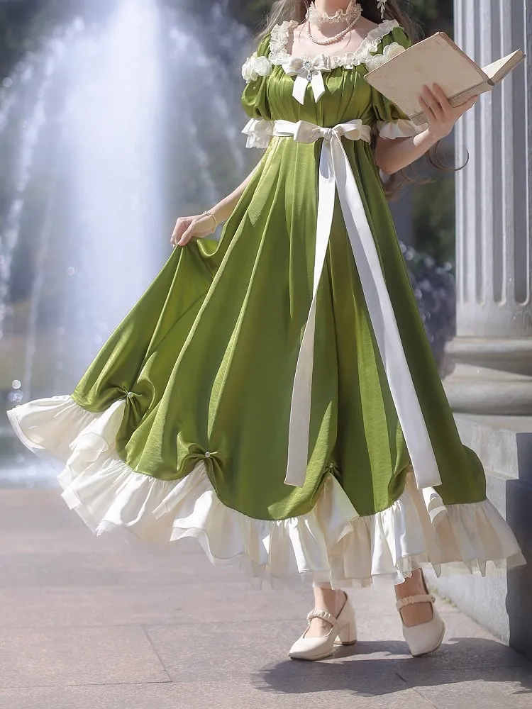Green Empire Waist Maxi Dress Bead Details Elegant Lolita