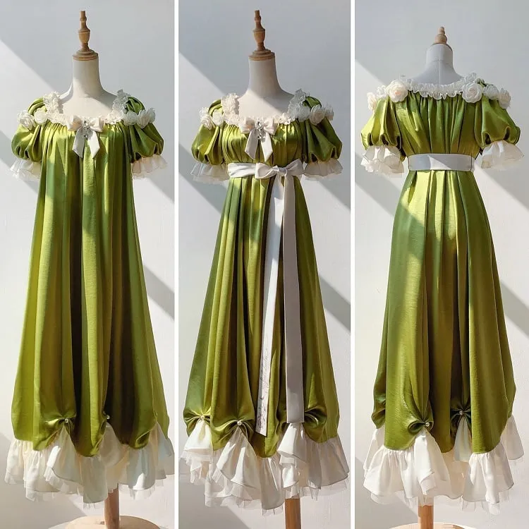 Green Empire Waist Maxi Dress Bead Details Elegant Lolita