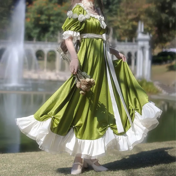 Green Empire Waist Maxi Dress Bead Details Elegant Lolita
