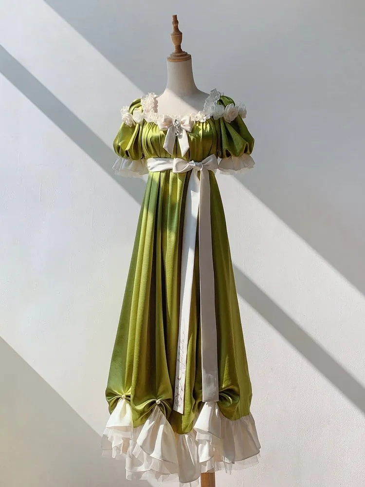 Green Empire Waist Maxi Dress Bead Details Elegant Lolita