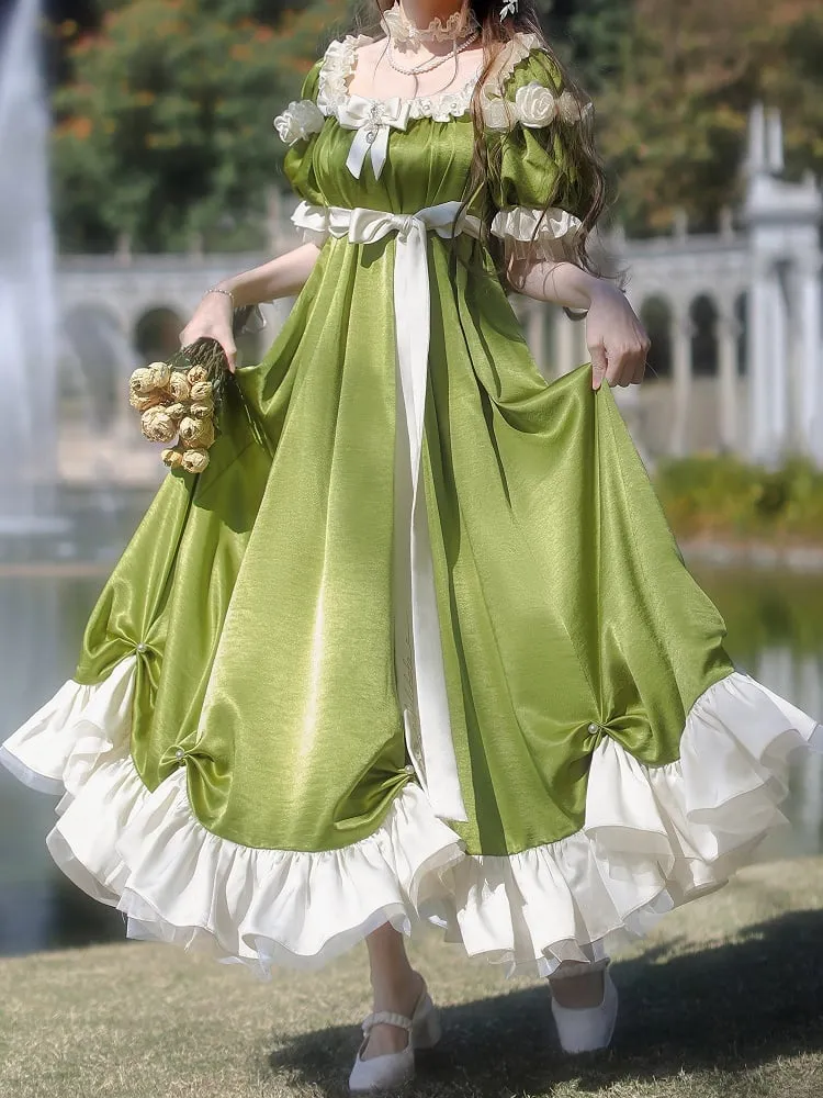 Green Empire Waist Maxi Dress Bead Details Elegant Lolita