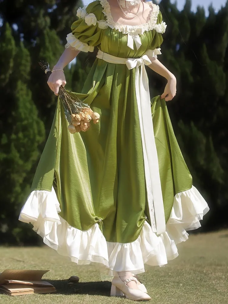 Green Empire Waist Maxi Dress Bead Details Elegant Lolita