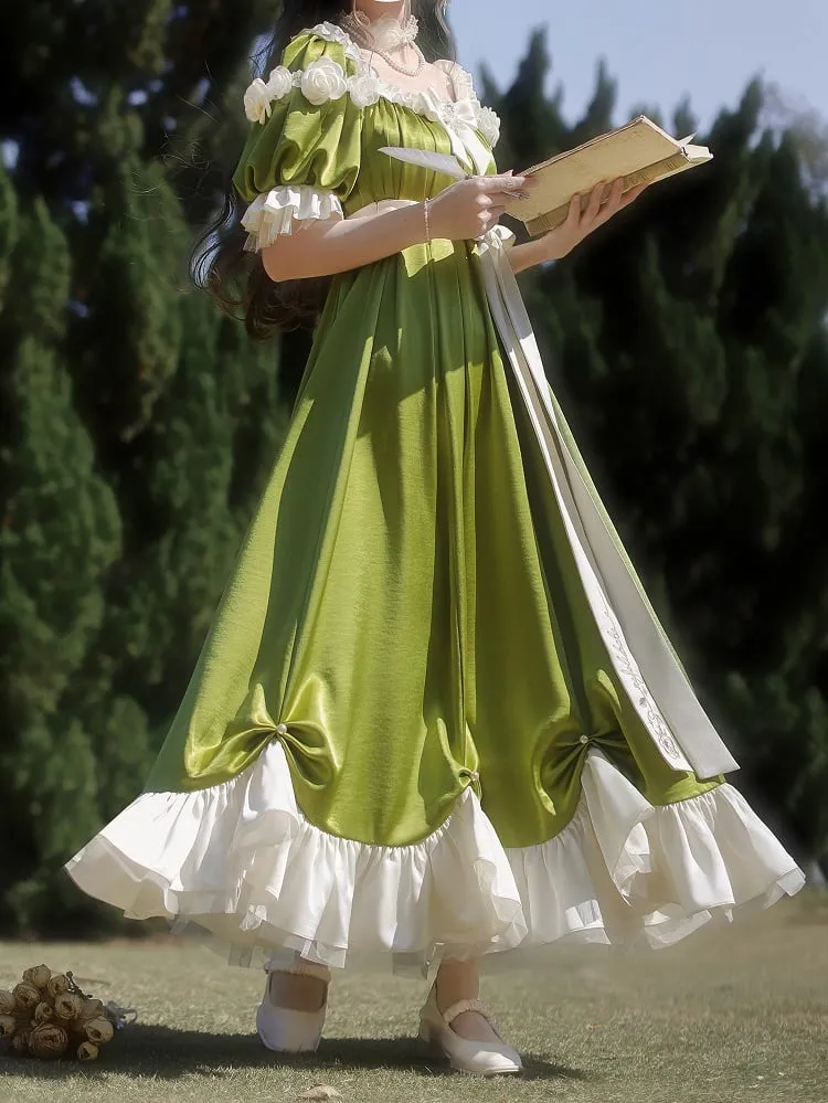 Green Empire Waist Maxi Dress Bead Details Elegant Lolita