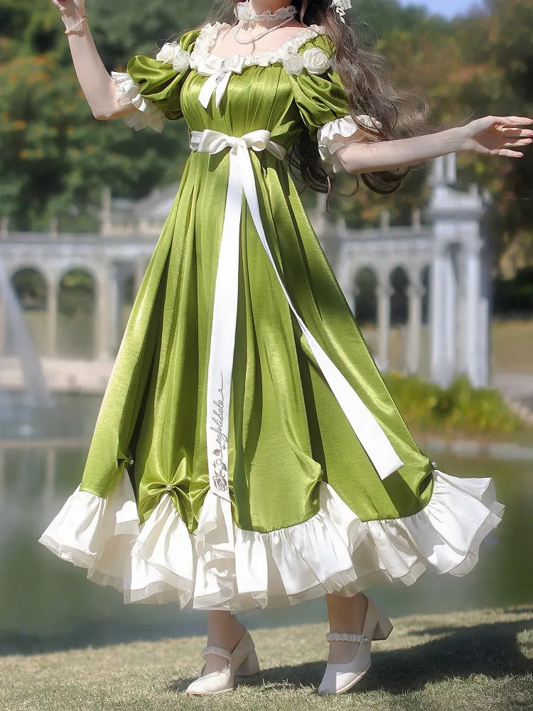 Green Empire Waist Maxi Dress Bead Details Elegant Lolita