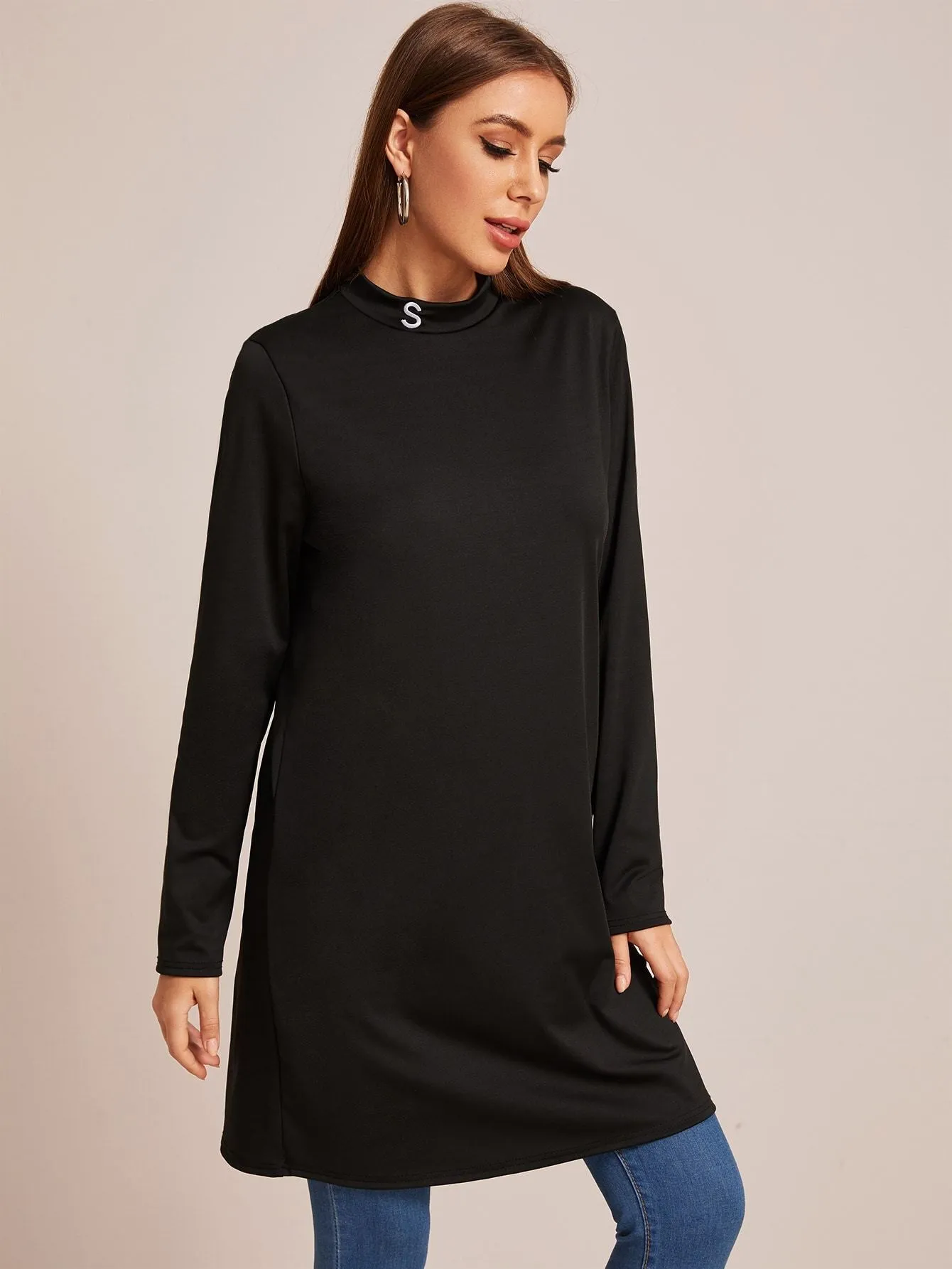 Letter Embroidered Mock Neck Longline Tee