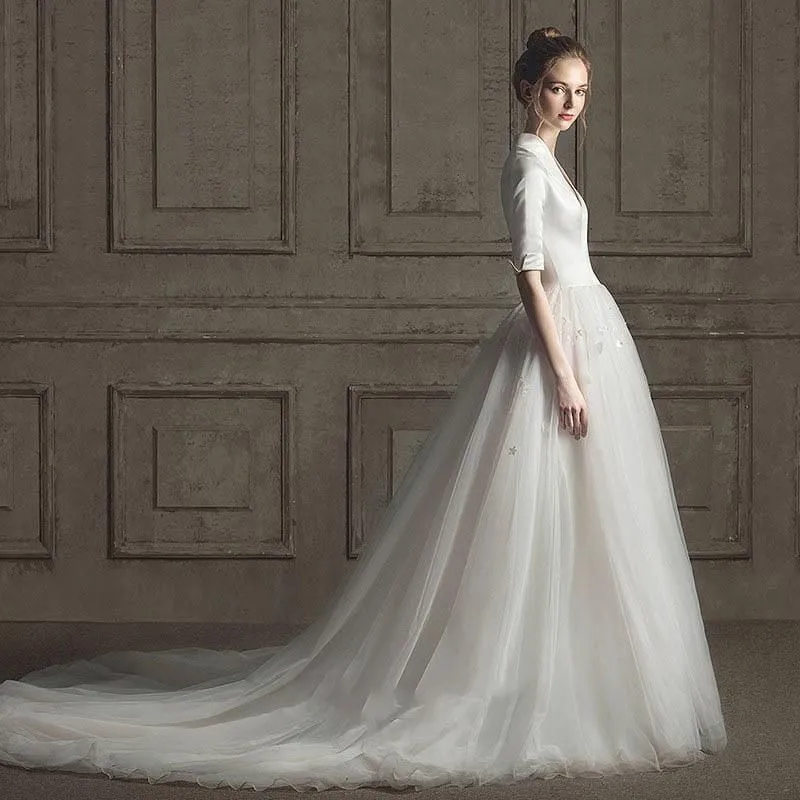 New Luxury Wedding Dress Half Sleeves Satin Gown