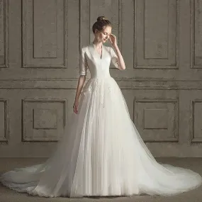 New Luxury Wedding Dress Half Sleeves Satin Gown
