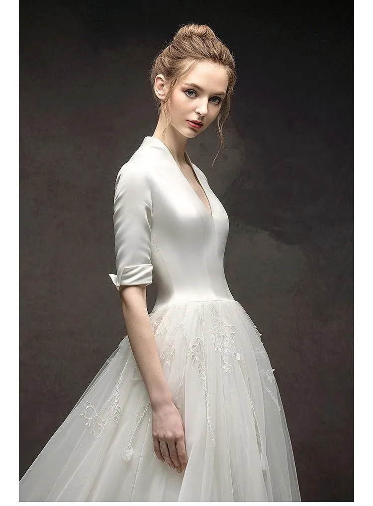 New Luxury Wedding Dress Half Sleeves Satin Gown