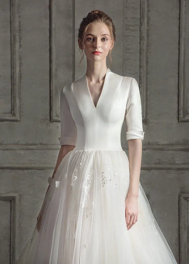 New Luxury Wedding Dress Half Sleeves Satin Gown