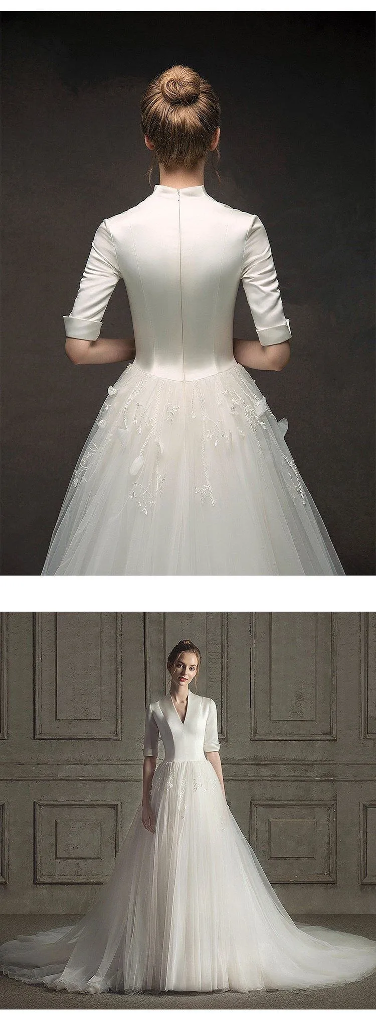 New Luxury Wedding Dress Half Sleeves Satin Gown