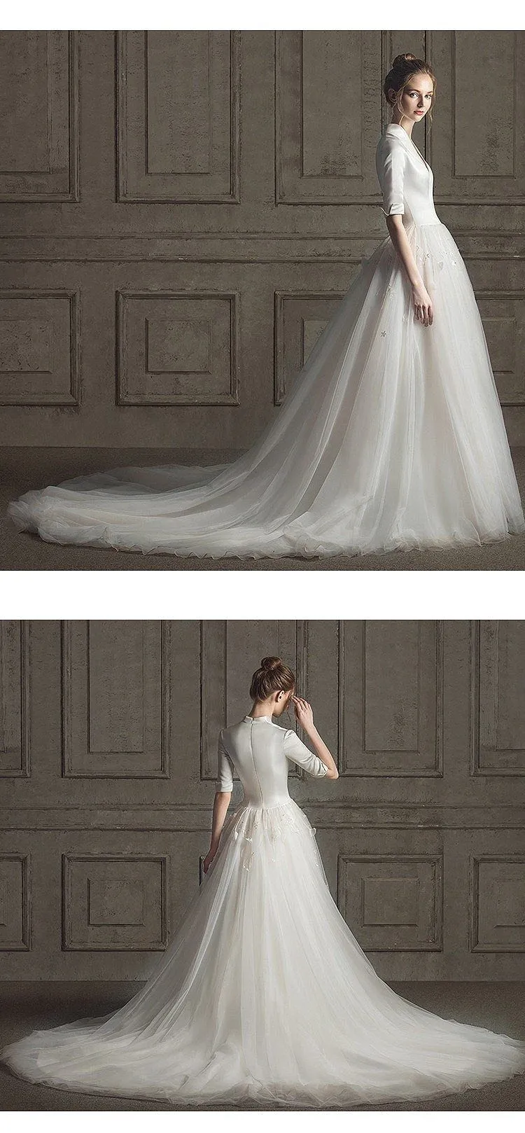 New Luxury Wedding Dress Half Sleeves Satin Gown