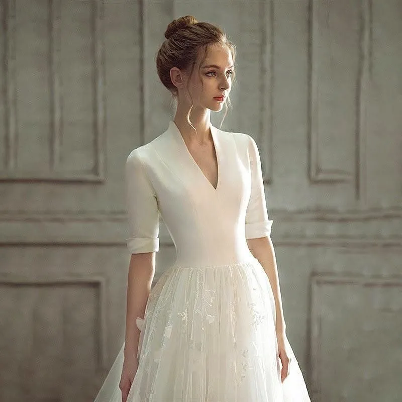 New Luxury Wedding Dress Half Sleeves Satin Gown