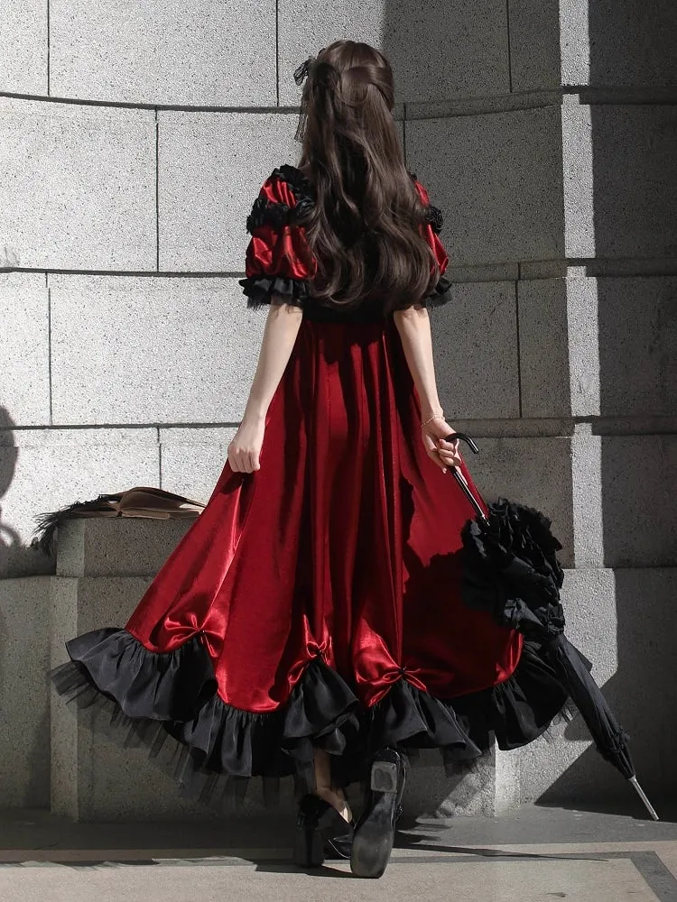 Red Empire Waist Maxi Dress Bead Details Elegant Lolita