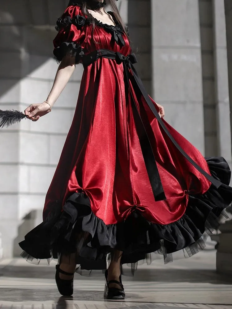 Red Empire Waist Maxi Dress Bead Details Elegant Lolita