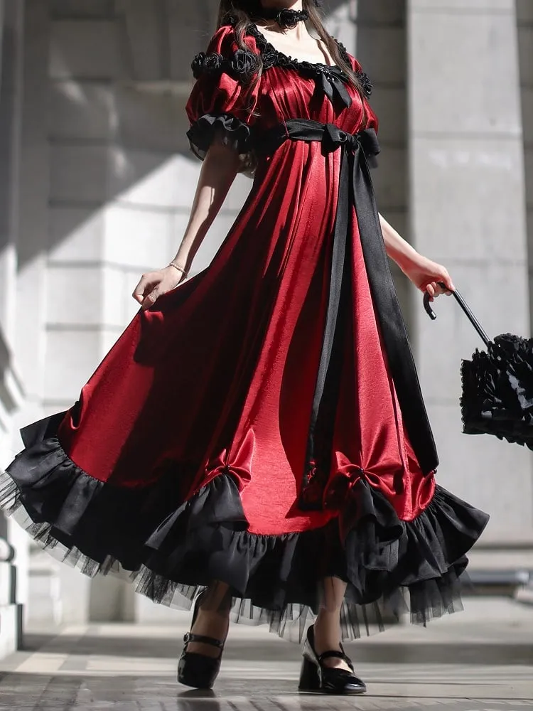 Red Empire Waist Maxi Dress Bead Details Elegant Lolita