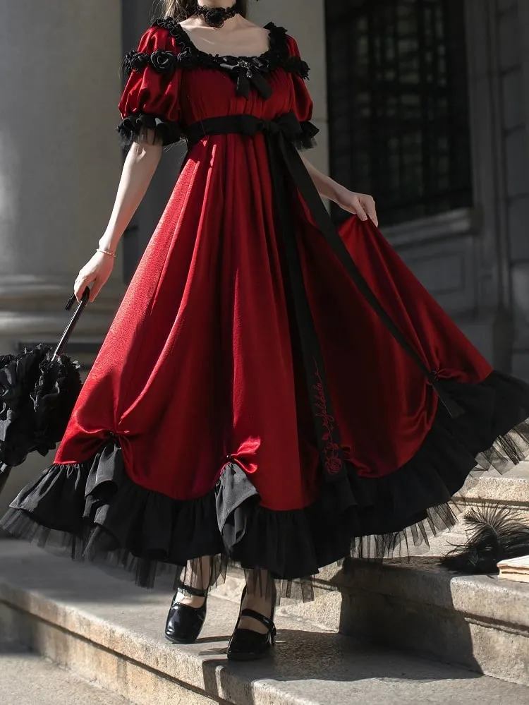Red Empire Waist Maxi Dress Bead Details Elegant Lolita