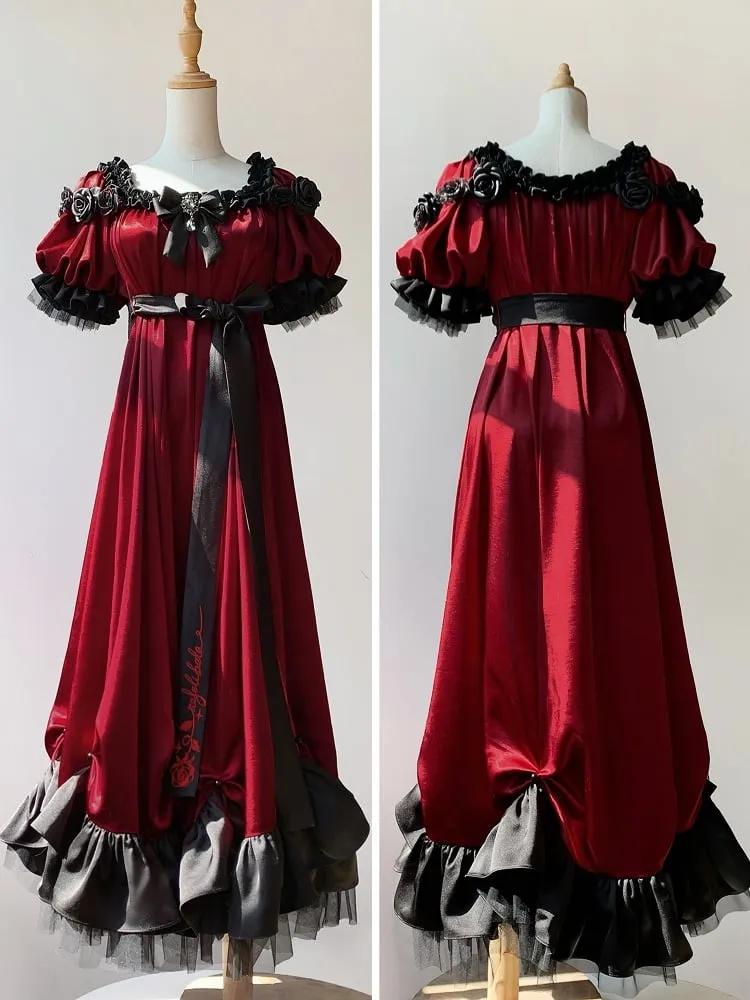 Red Empire Waist Maxi Dress Bead Details Elegant Lolita