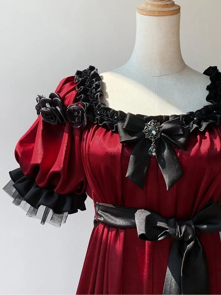 Red Empire Waist Maxi Dress Bead Details Elegant Lolita