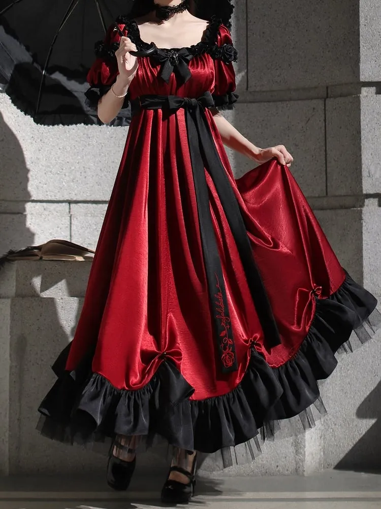 Red Empire Waist Maxi Dress Bead Details Elegant Lolita