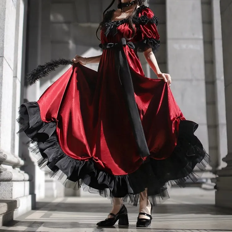 Red Empire Waist Maxi Dress Bead Details Elegant Lolita