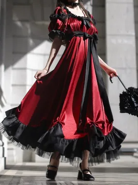 Red Empire Waist Maxi Dress Bead Details Elegant Lolita