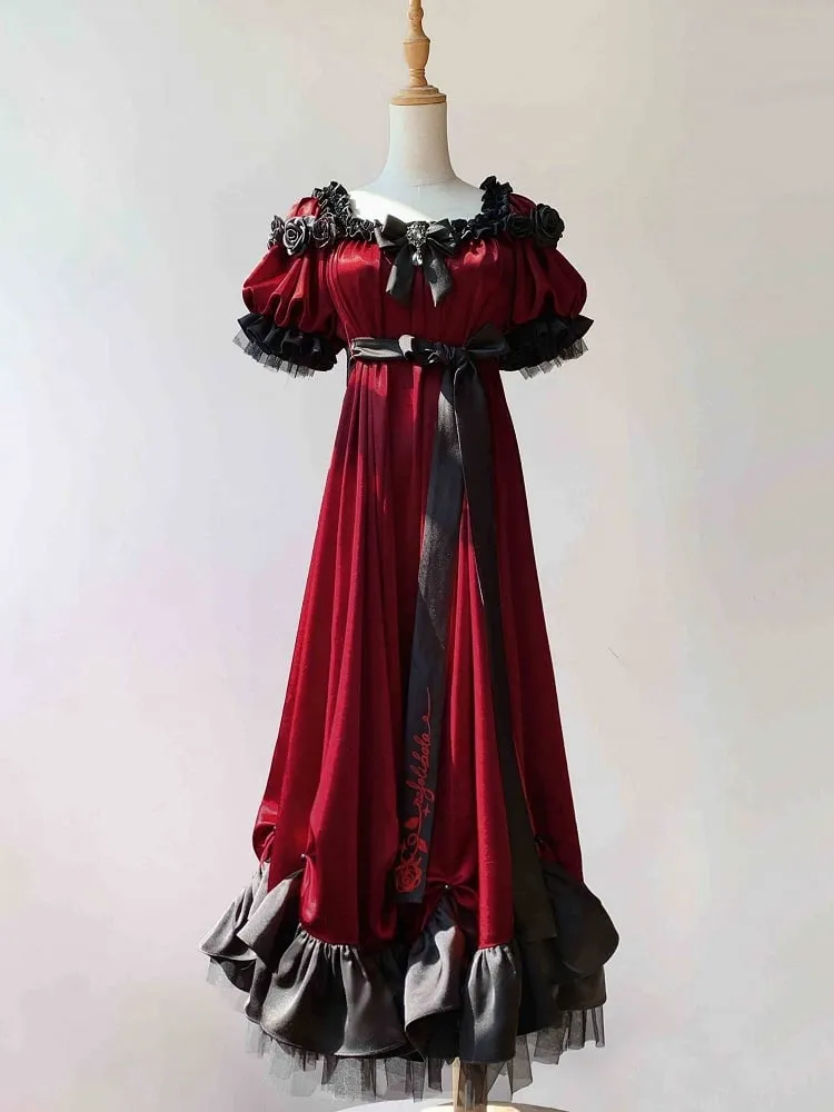 Red Empire Waist Maxi Dress Bead Details Elegant Lolita