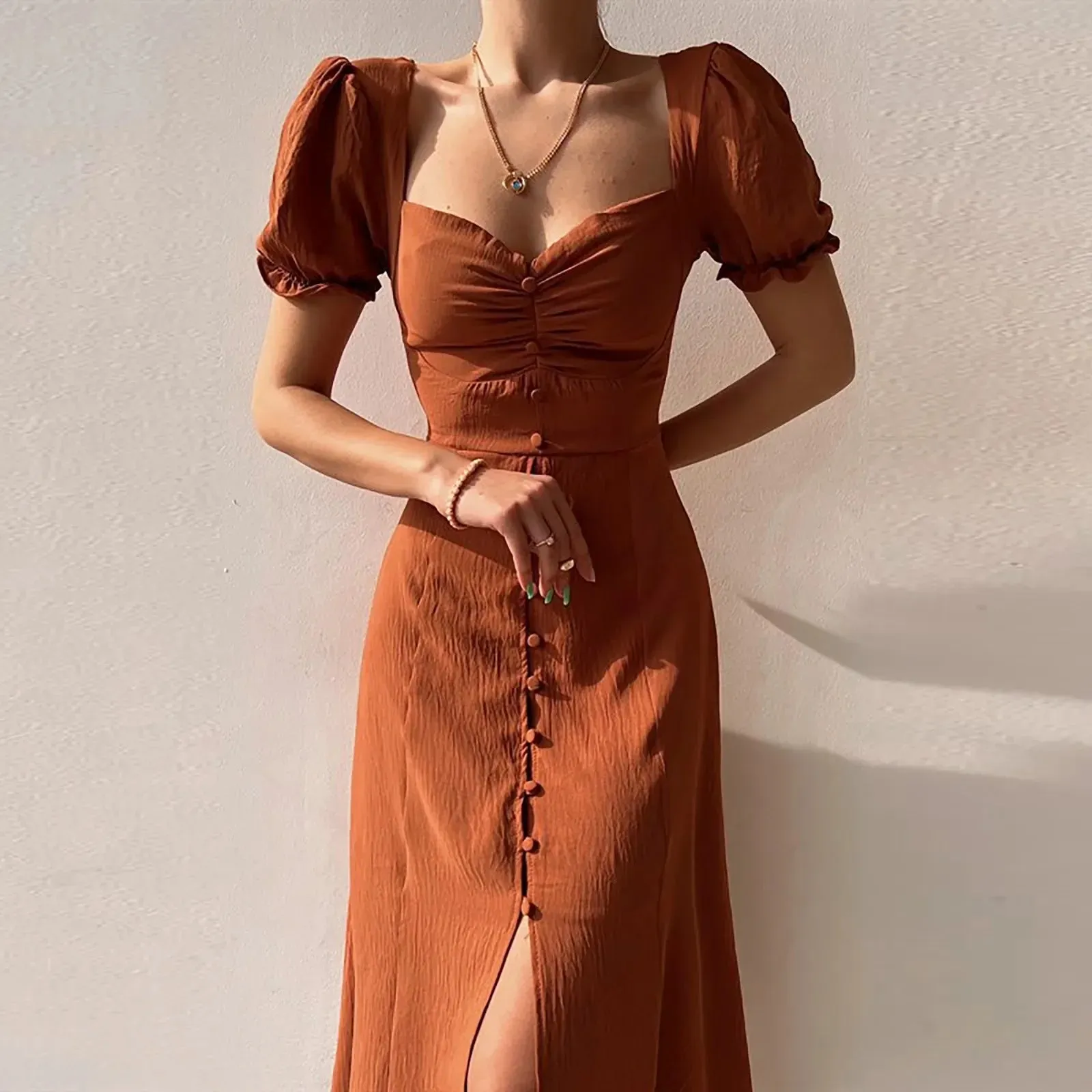 Style Skinny Puff Sleeve A-line Spring Black Slits Party Long Midi French Dress