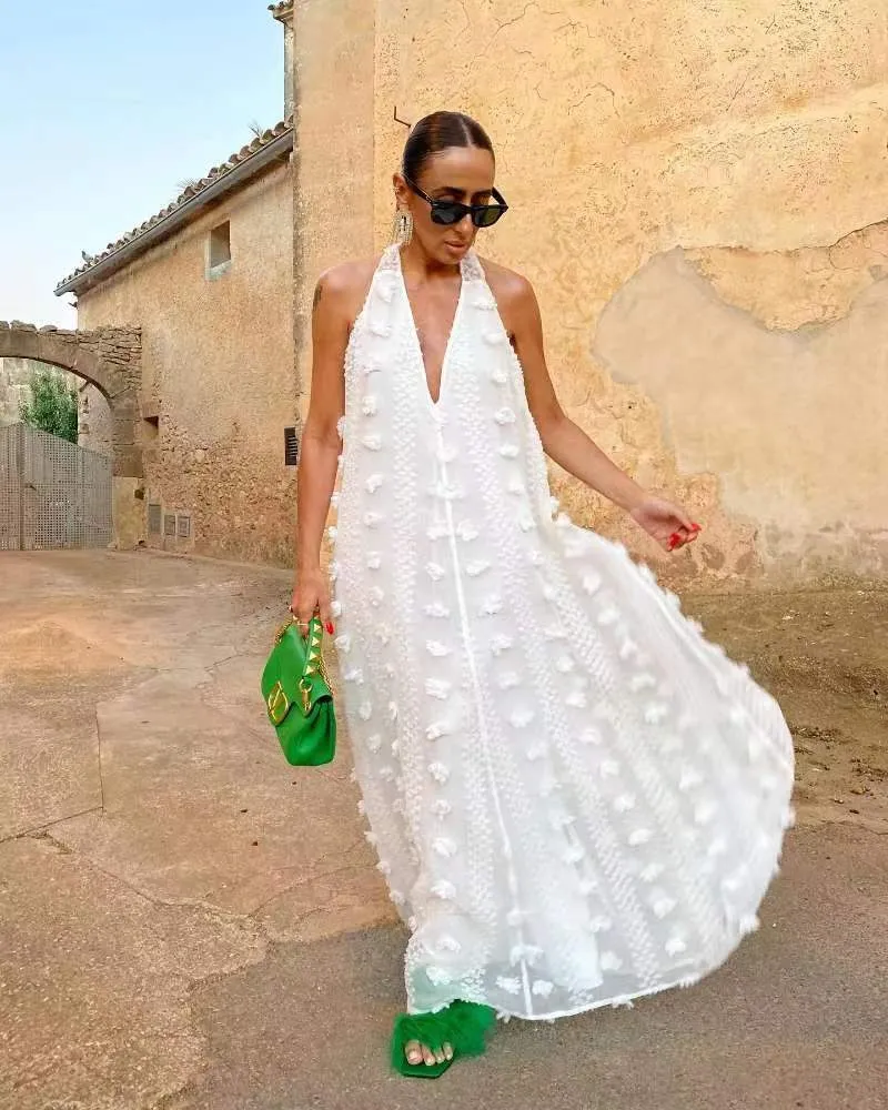 V Neck Halter Large Swing Ribbon Dress