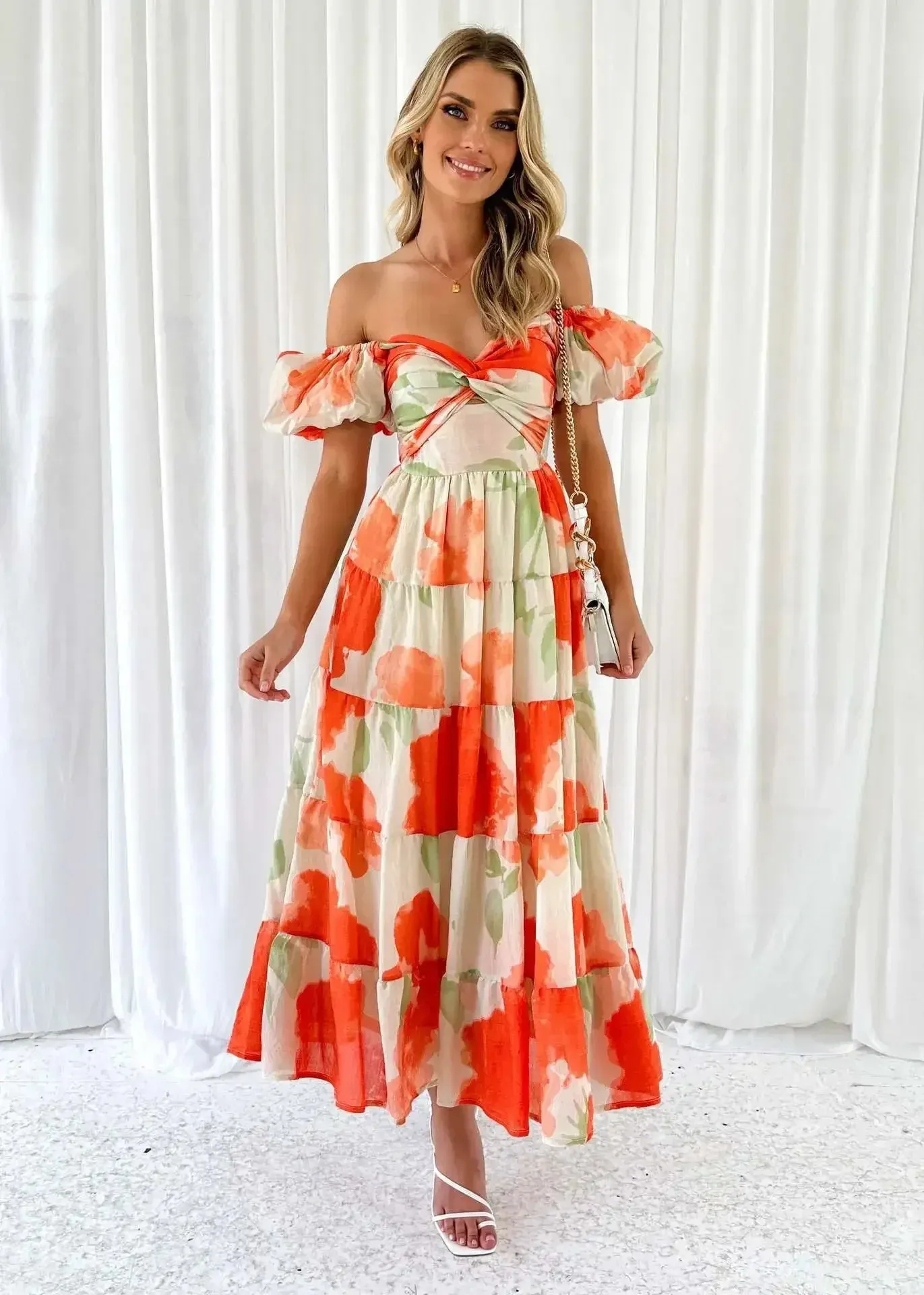 Vintage Slim-fit Printed Hollow Puff Sleeve Maxi Dress
