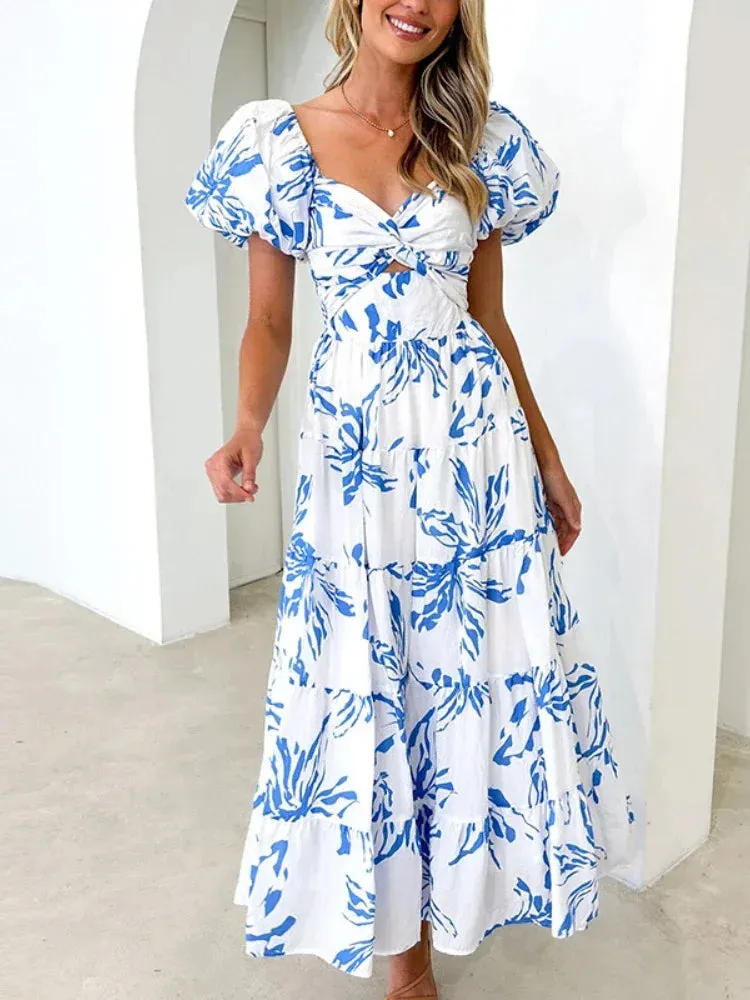Vintage Slim-fit Printed Hollow Puff Sleeve Maxi Dress