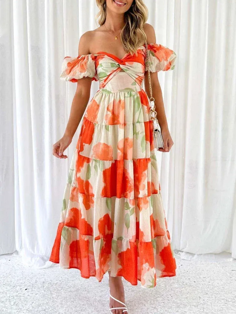 Vintage Slim-fit Printed Hollow Puff Sleeve Maxi Dress