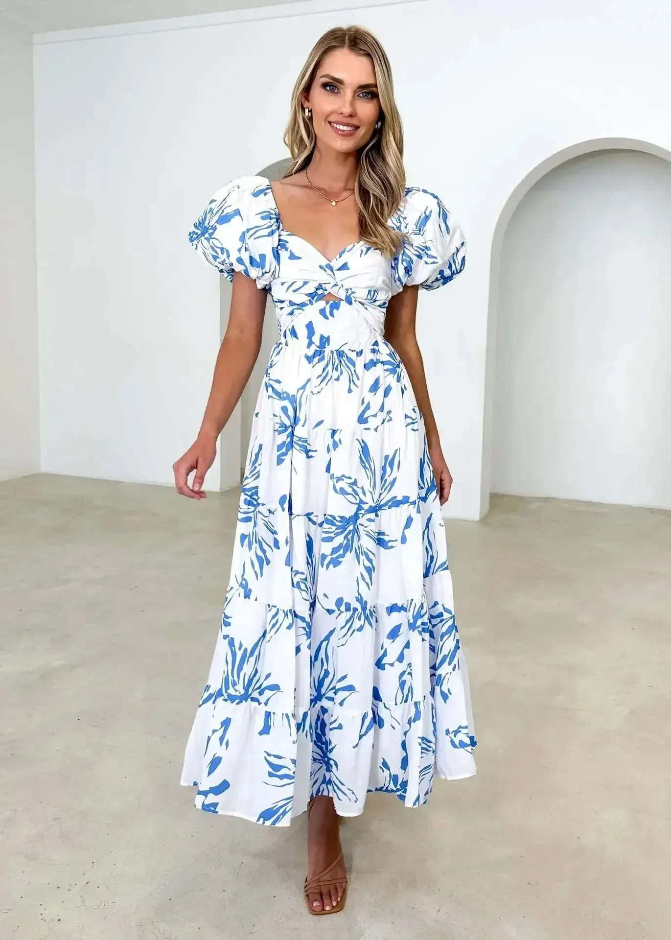 Vintage Slim-fit Printed Hollow Puff Sleeve Maxi Dress